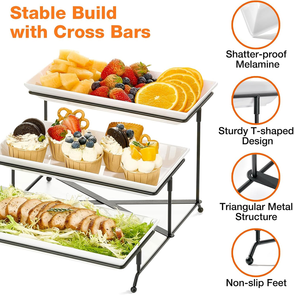 3 Tier Serving Tray Set, 12" Tiered Serving Trays Platters, Reusable Serving Tray for Party, Collapsible Sturdier