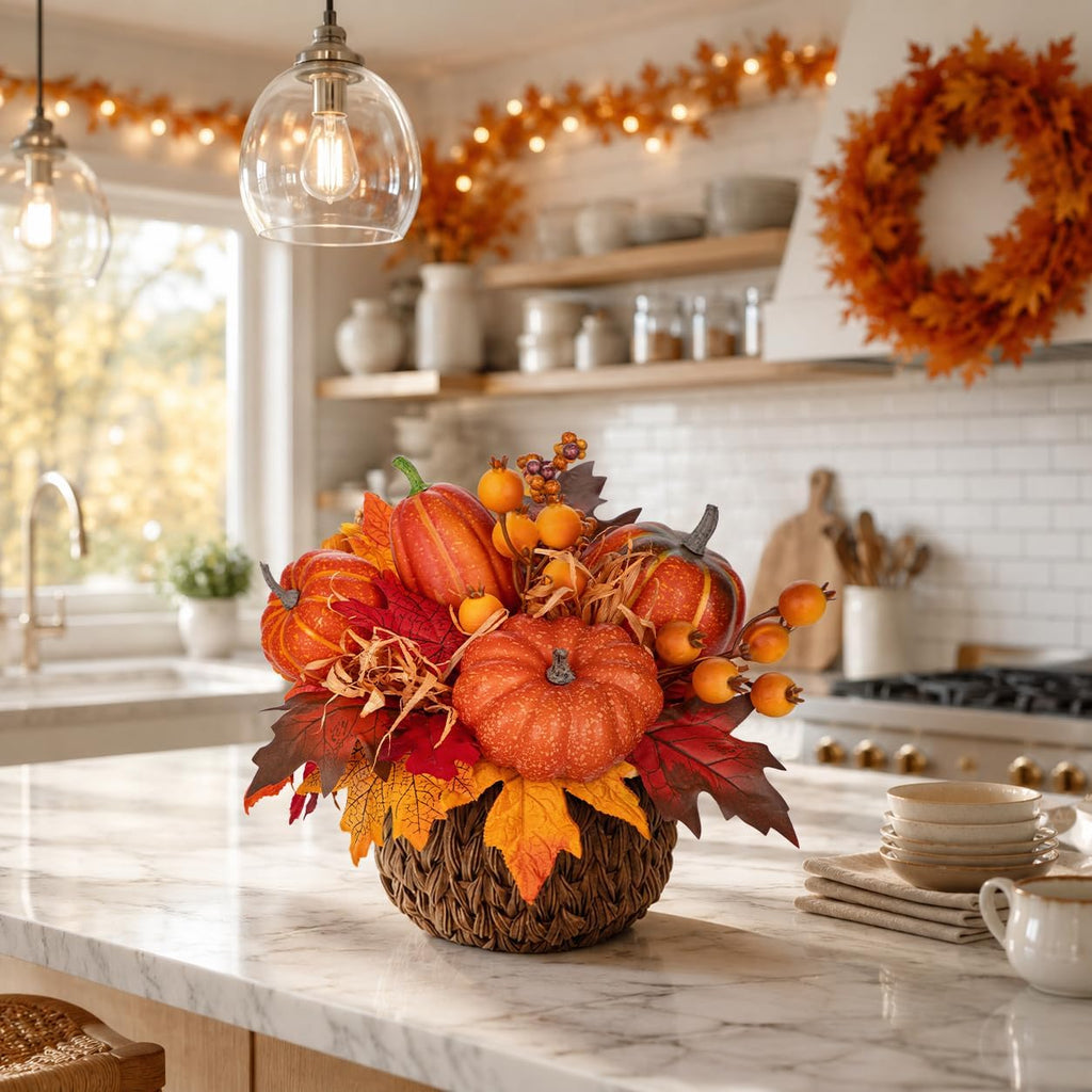 10" Artificial Pumpkin Fall Centerpiece with Woven Basket Centerpiece