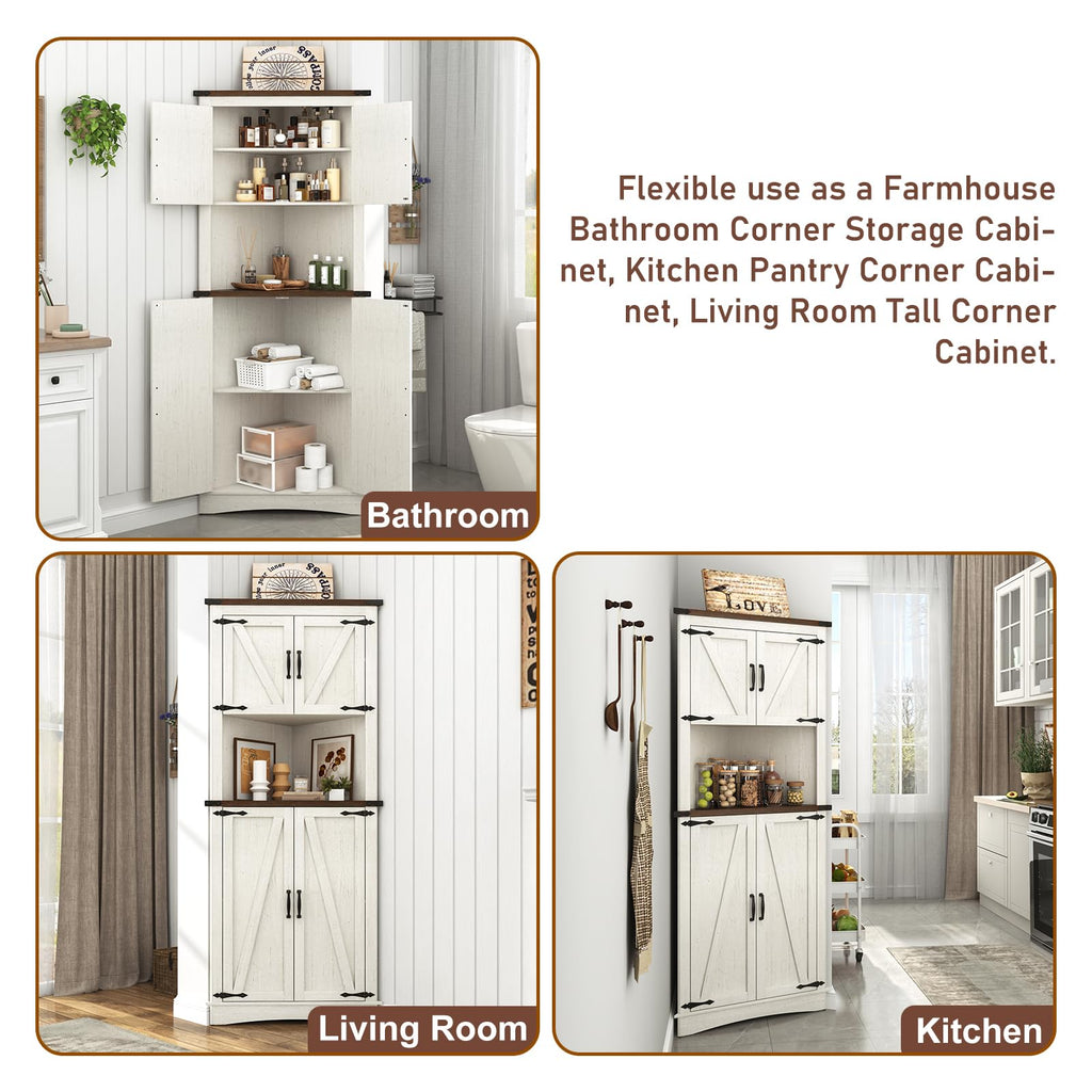 68" Tall Farmhouse Corner Cabinet, 5-Tier Large Storage Cabinet with 4 Barn Doors & Adjustable Shelves, Bathroom