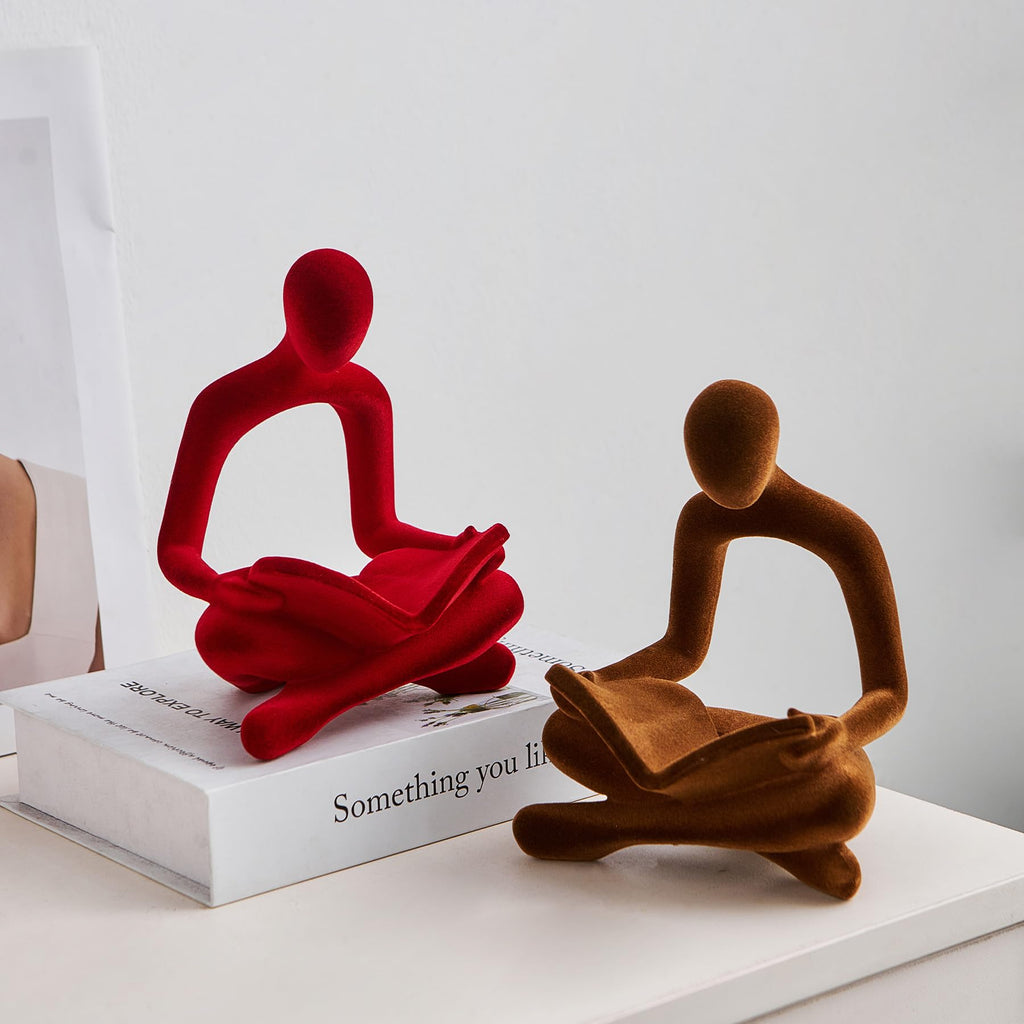 Red Reading Statue Decor, Modern Abstract Thinker Sculptures Decorations, Flocked Figurine Office TV Stand Shelf