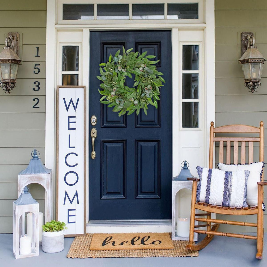 24" Artificial Greenery Wreath for Front Door, Fake Magnolia Leaf Silk Wreath with Berries, Outdoor Faux Eucalyptus