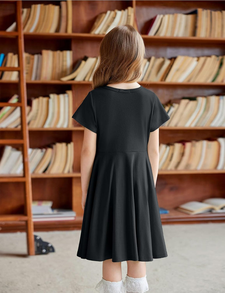 Girl's Summer Dresses Short Sleeve Casual Holiday Skater Twirl Dress with Pockets