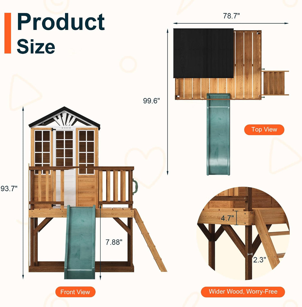 9-in-1 Outdoor Playhouse with Slide & Sandbox - Natural Fir Playset for Kids Ages 3-10, Includes Play Kitchen, Growth