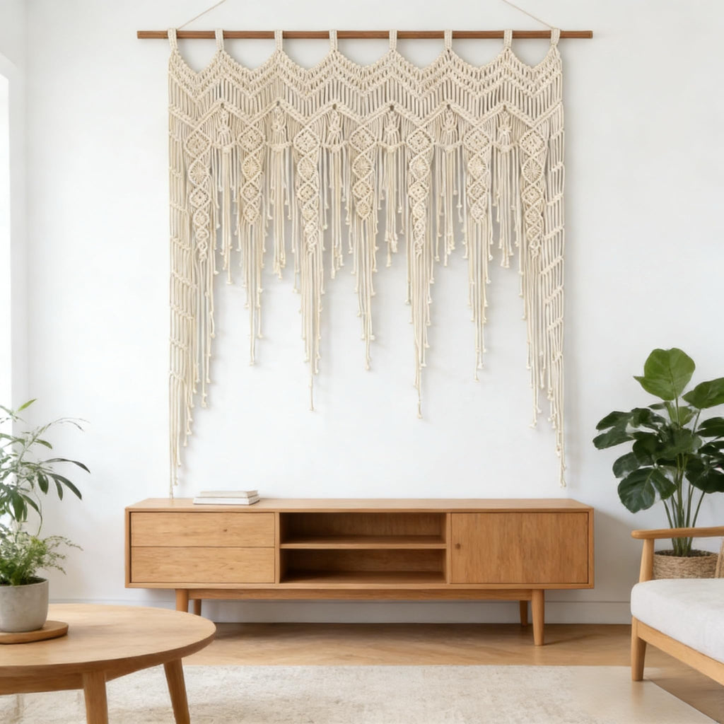 Macrame Valance Curtain for Kichen Windows 41.33 * 53.15Inch Farmhouse Boho Curtains Window Tassels Leaf Valance