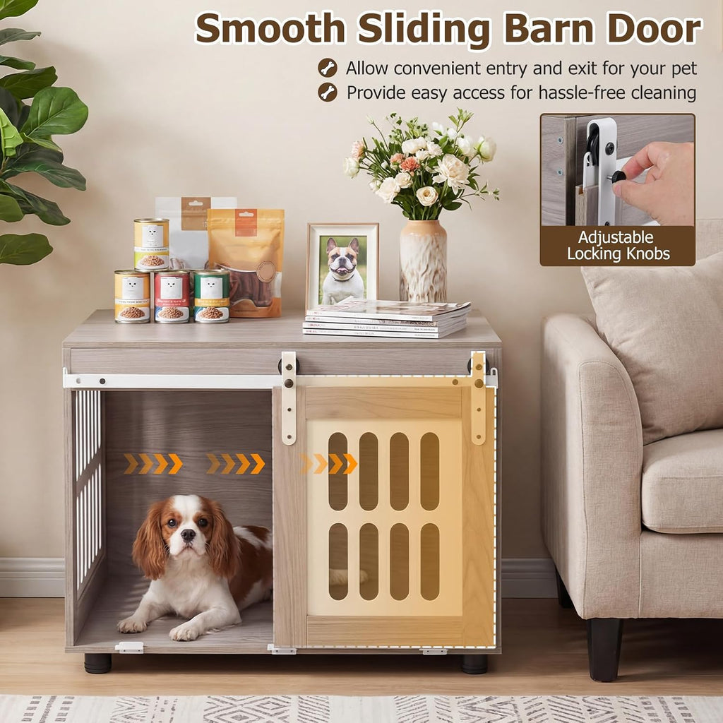 Farmhouse Wooden Dog Crate Furniture with Sliding Barn Door, 31.5-inch Wood Dog Kennel Furniture for Small Dogs, Dog