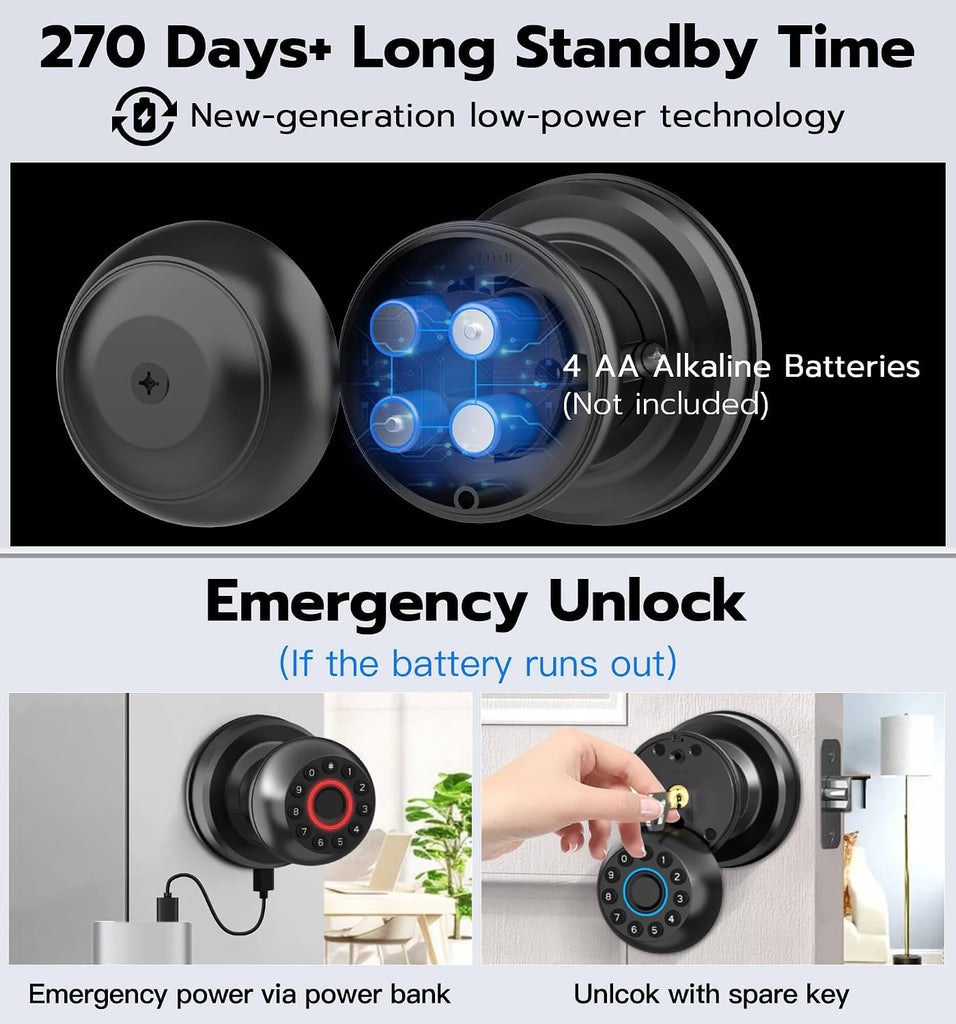 Smart Door Knob with Lock, Fingerprint Code Keypad Keyless Entry Electronic Digital Biometric Bluetooth App Control