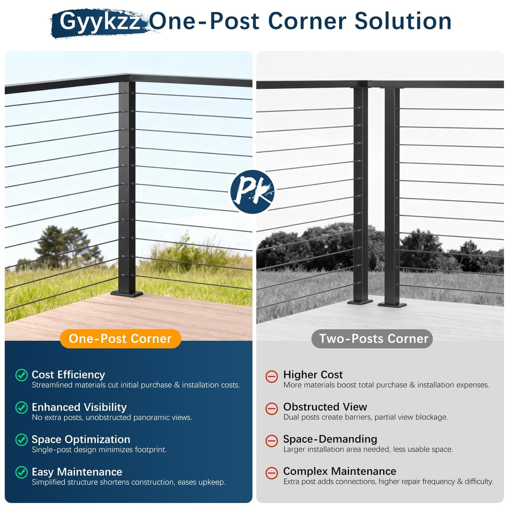 36" Black Cable Railing Corner Post, T-Drilled Three-Side Deck Post