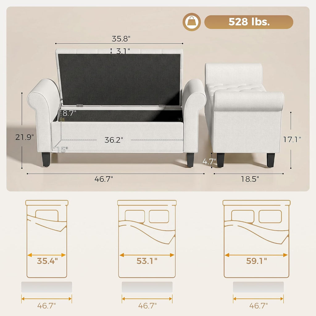 47" Storage Ottoman End of Bed Bench with Rolled Arms Cream White | Long Ottoman with Storage Chest, Safety Hinge