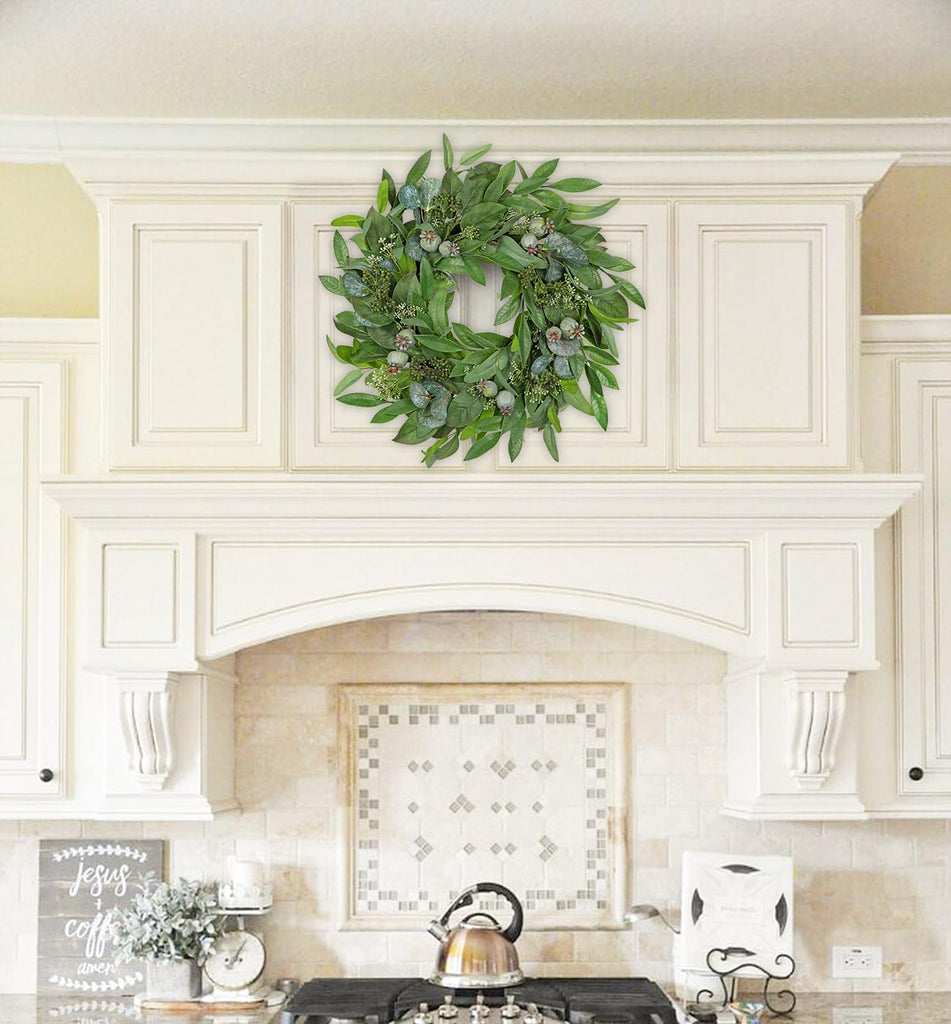 24" Artificial Greenery Wreath for Front Door, Fake Magnolia Leaf Silk Wreath with Berries, Outdoor Faux Eucalyptus
