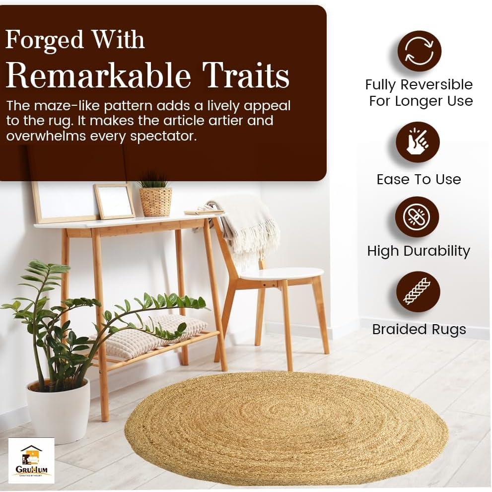 Round Jute Area Rug 6ft Natural Fiber Handwoven Boho Farmhouse Jute Area Rug Soft Braided Reversible