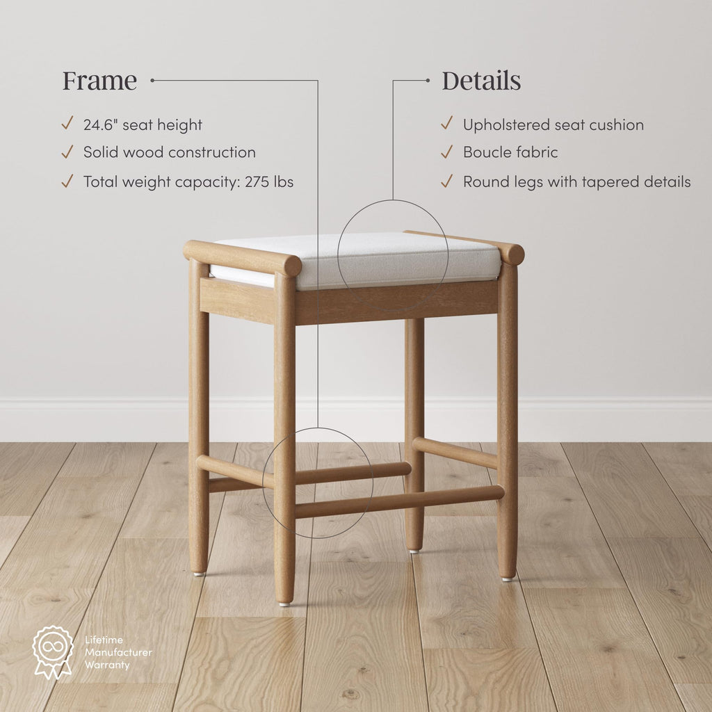 Kirsten Scandinavian Backless Wooden Bar Stool, Boucle Bar Stool with Tapered Solid Wood Legs, Boucle/Light Brown Set