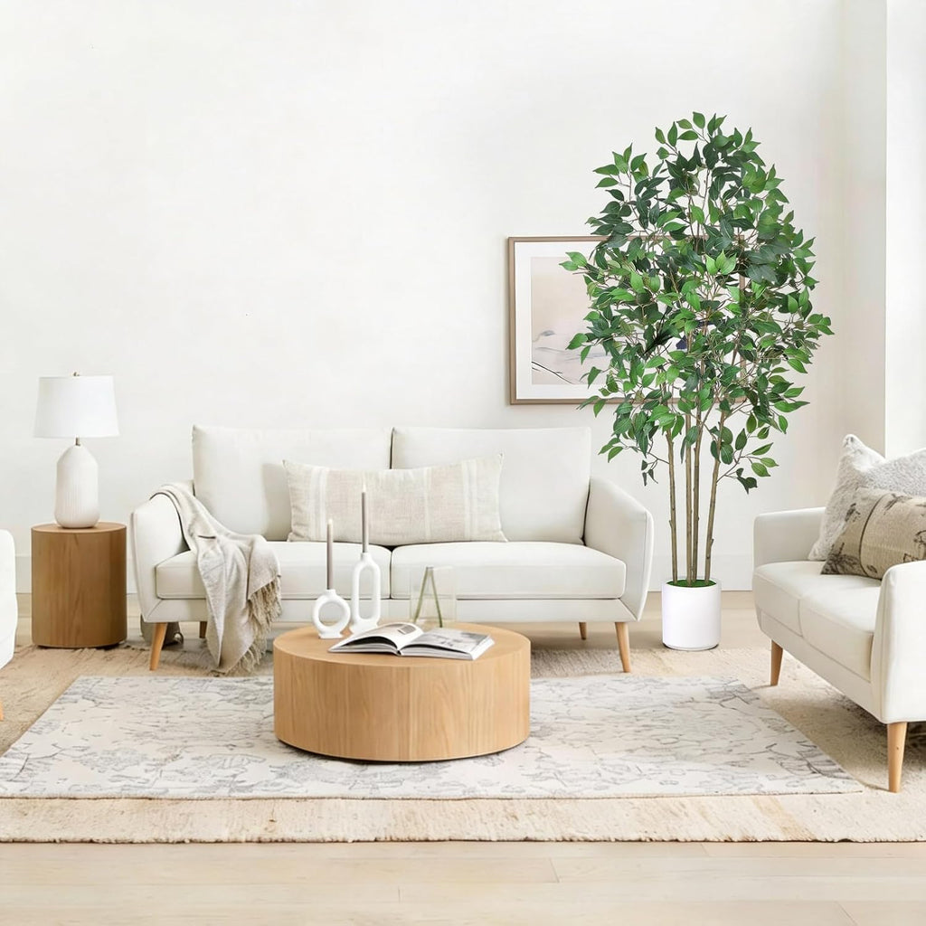Ficus Tree Artificial 6 FT Tall Faux Plants Indoor Fake Tree with White Tall Planter, Artificial Plants Indoor Faux