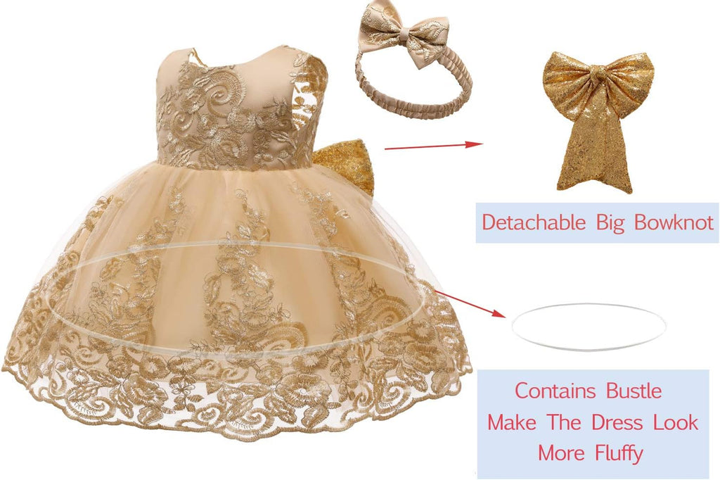 Big Bowknot Sequins Embroidered Lace Party Tutu Gown Toddler Baby Girls Dress with Headwear