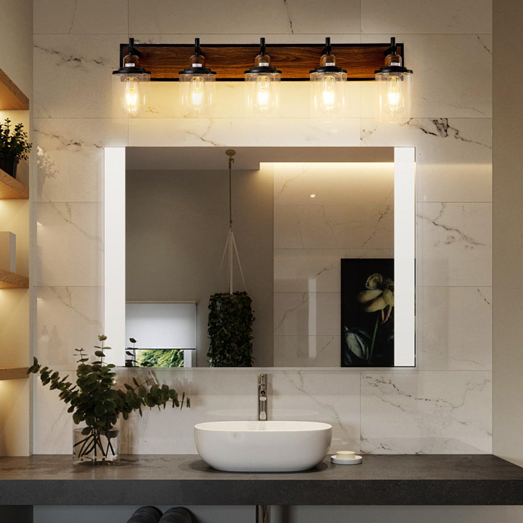 4-Light Farmhouse Bathroom Light Fixtures Vintage Bathroom Vanity Lights Over Mirror Black and Wood Painted Metal