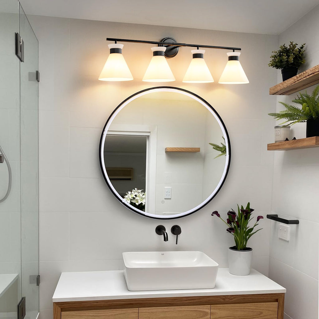 Black Bathroom Vanity Light Fixtures: Bathroom Lighting Fixtures over Mirror 36 inch with Milky White Frosted Glass