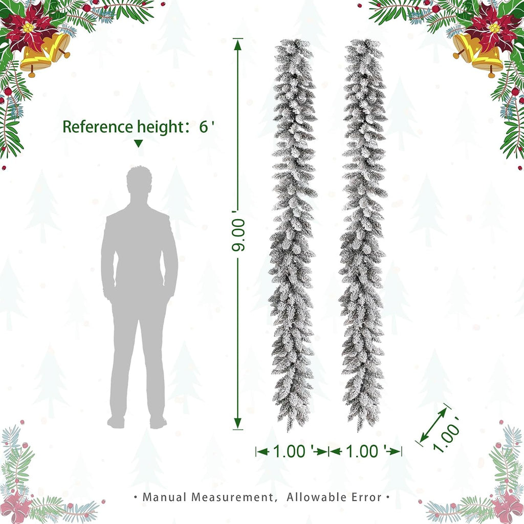 2PCS 9ft Christmas Garlands with Lights, Prelit Snow Flocked Christmas Garlands for Mantle, Fireplace, Windows, Front