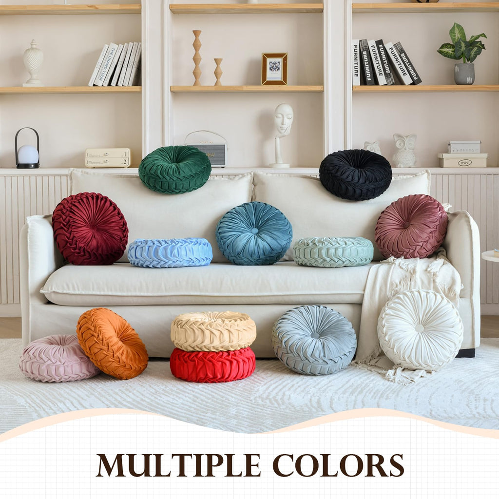 Round Throw Pillow Velvet Pleated Round Pillows Cushion Navy Blue