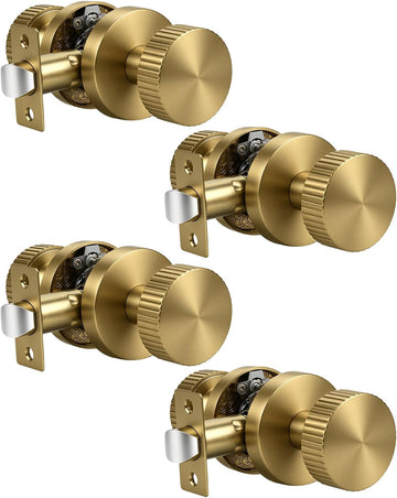 4 Pack Satin Brass Door Knobs Interior, Privacy Brass Door Handle with Lock Bathroom Keyless, Reversible Levers with
