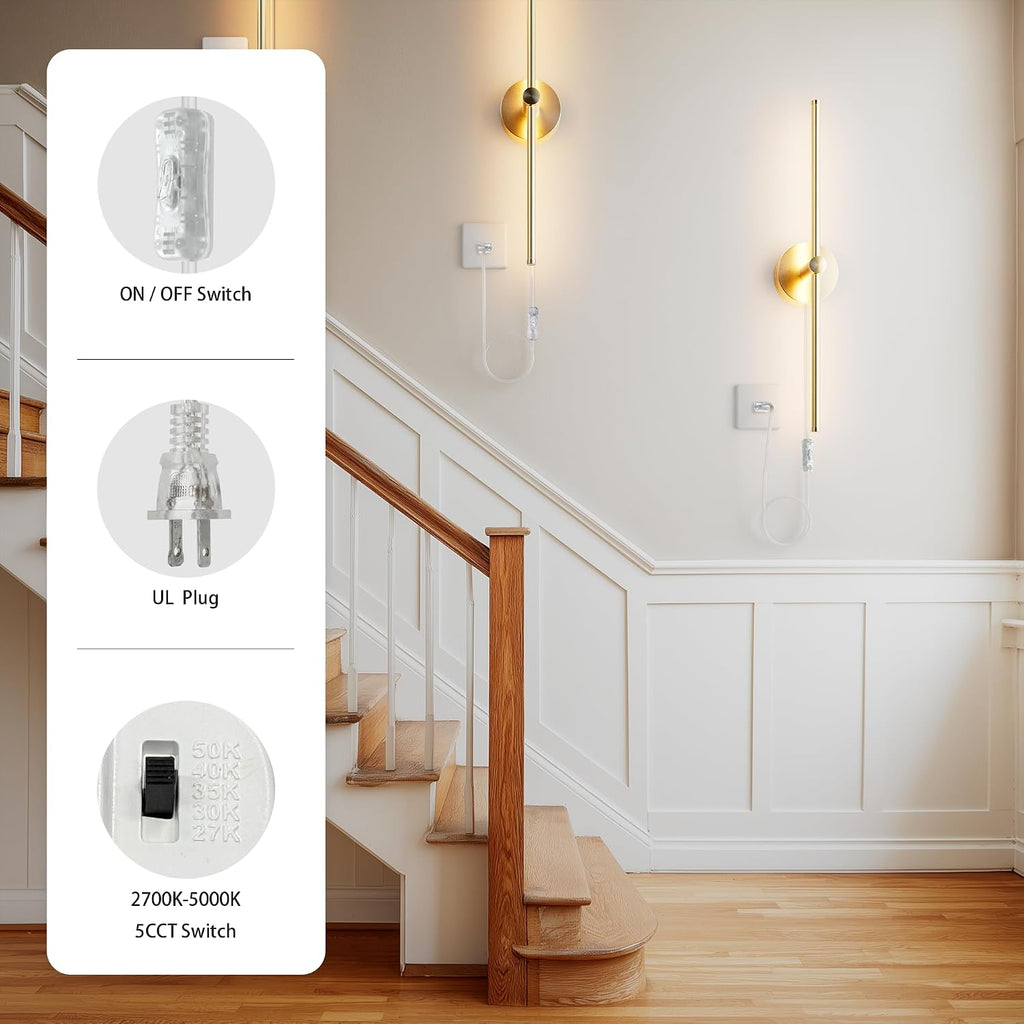 Plug in or Hardwired Linear Wall Sconce: 24 Inch LED Indoor Modern Linear Wall Lights Set of Two with On/Off Switch
