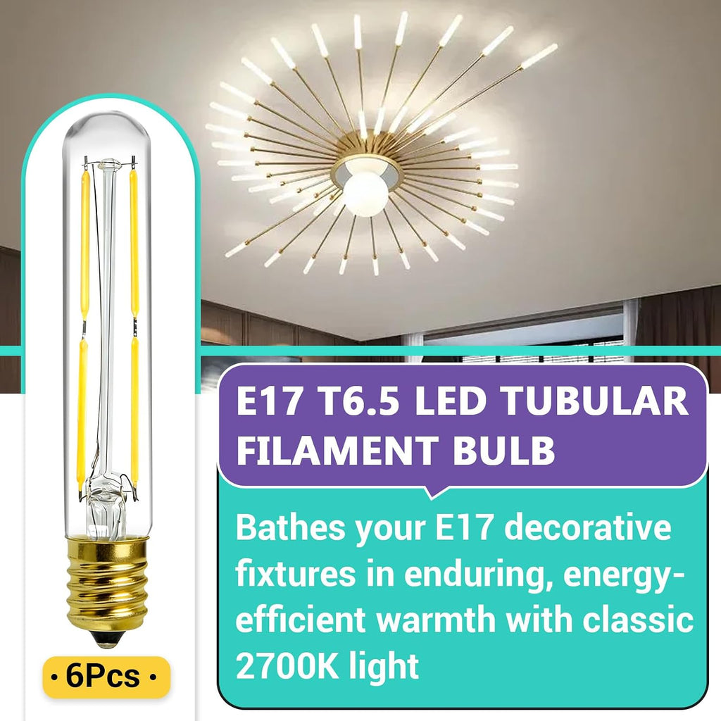 6 Pcs E17 T6.5 Dimmable 4W LED Tubular Filament Bulb for Exit Sign Light