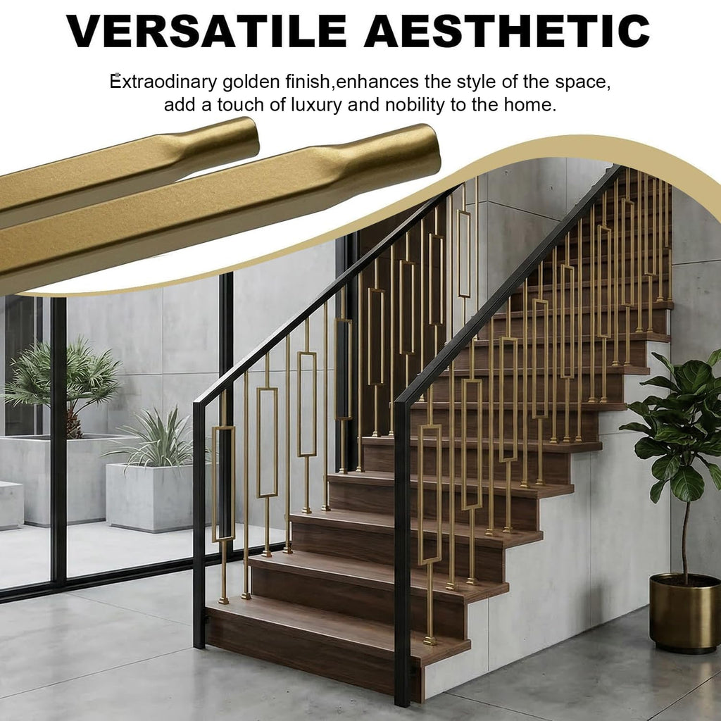 44" Brass Gold Wrought Iron Plain Balusters for Staircase Interior, 1/2" Square Hollow Iron Spindles, Decorative