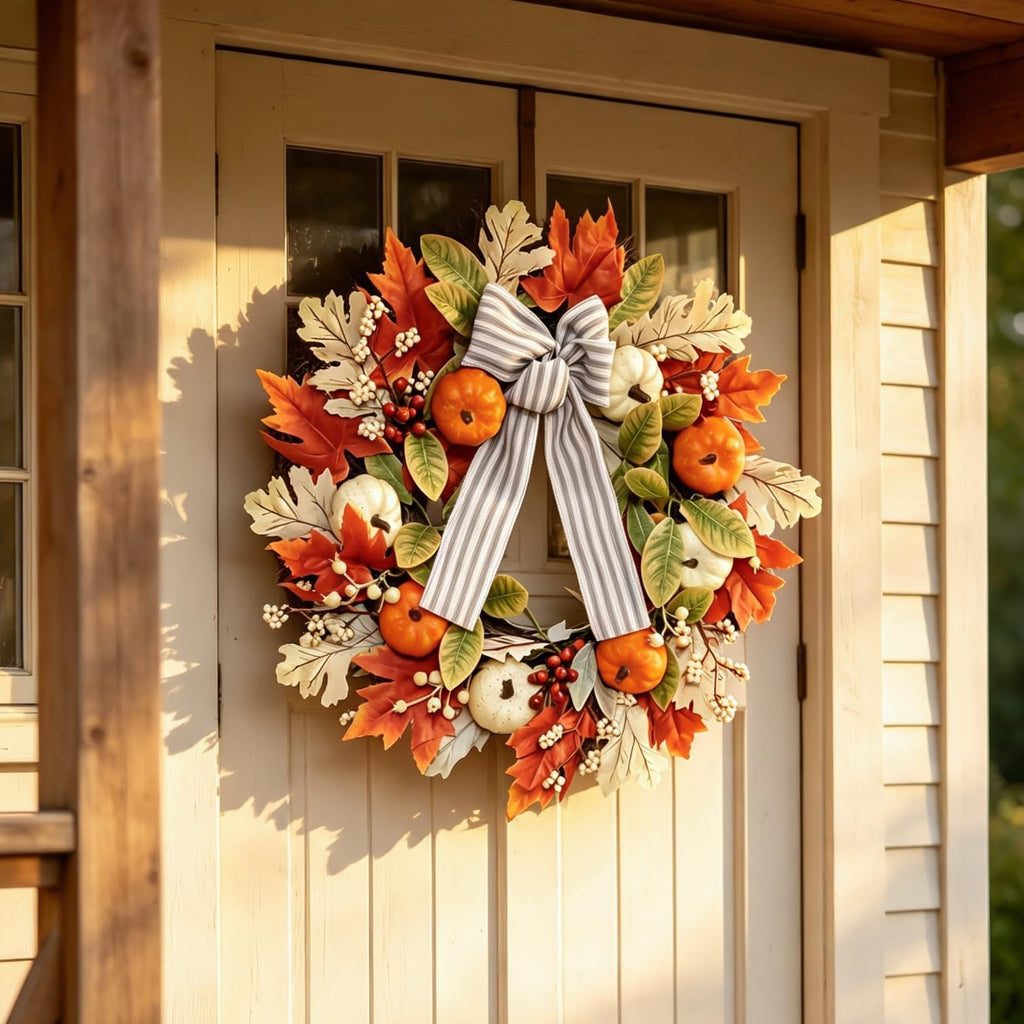 24 Inch Fall Wreaths for Front Door, Home Decor Farmhouse Off White