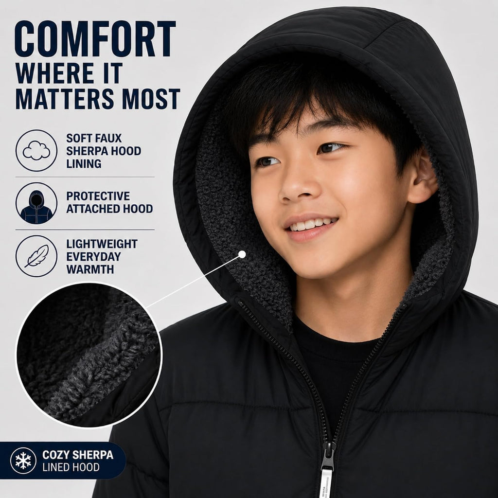 Boys Heavyweight Puffer Jacket - Sherpa Lined Winter Coat with Hood