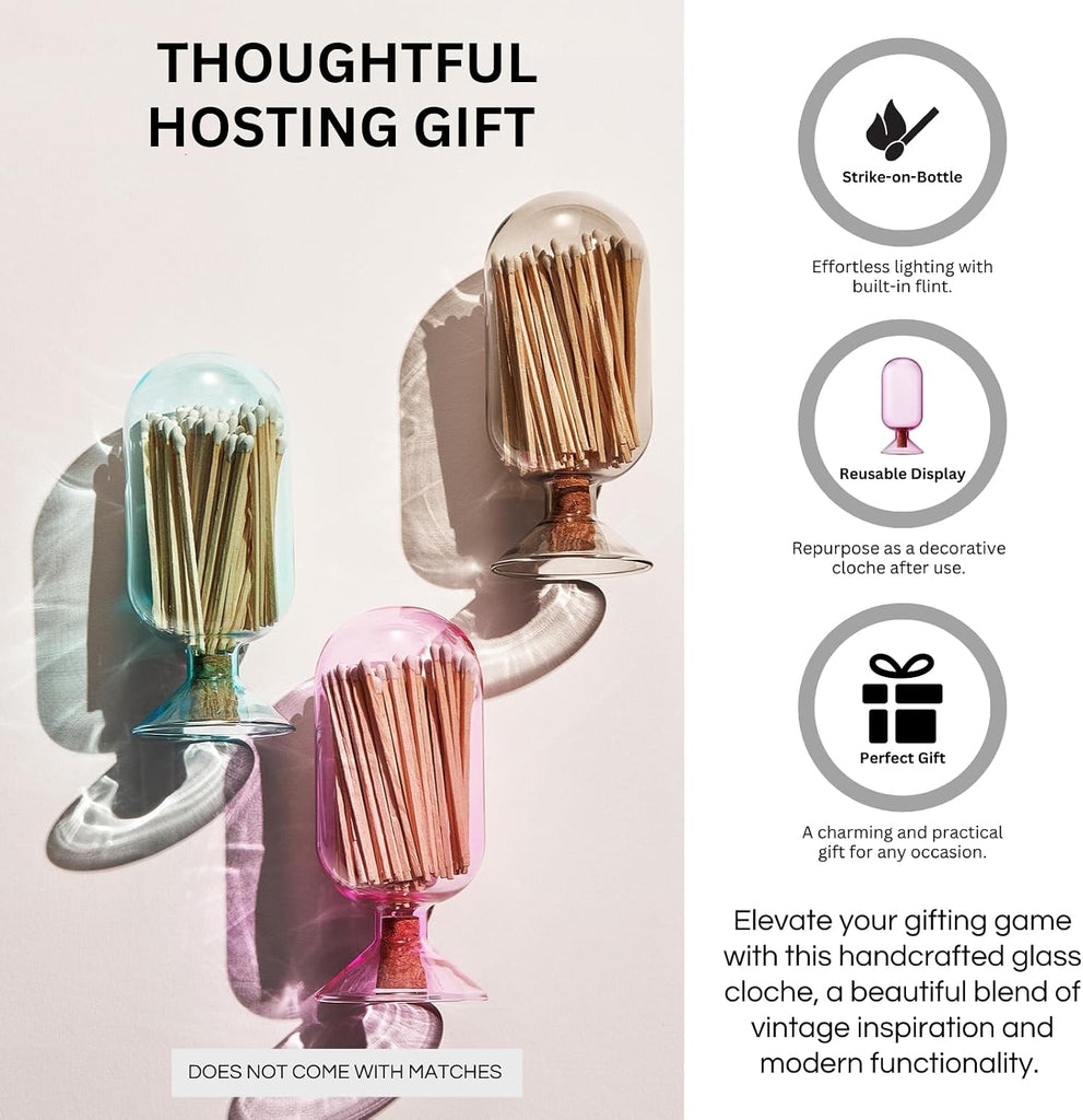 Includes 100 Match Sticks Glass Match Cloche with Striker - Pink with Cork Stopper - Fireplace, Home, Living Room - Set of 102