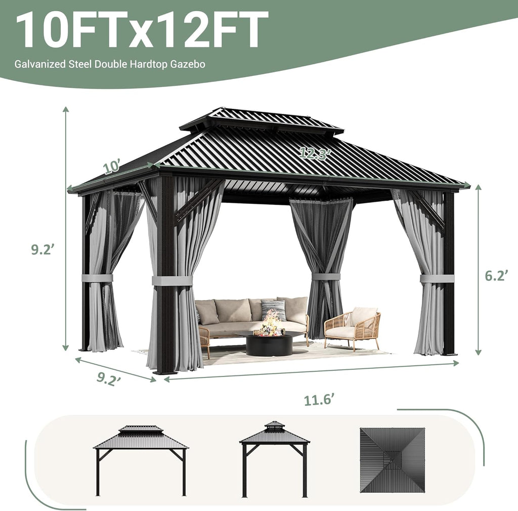 10'x12' Gazebo Hardtop Gazebo, Aluminum Frame Pergola with D - Image 2