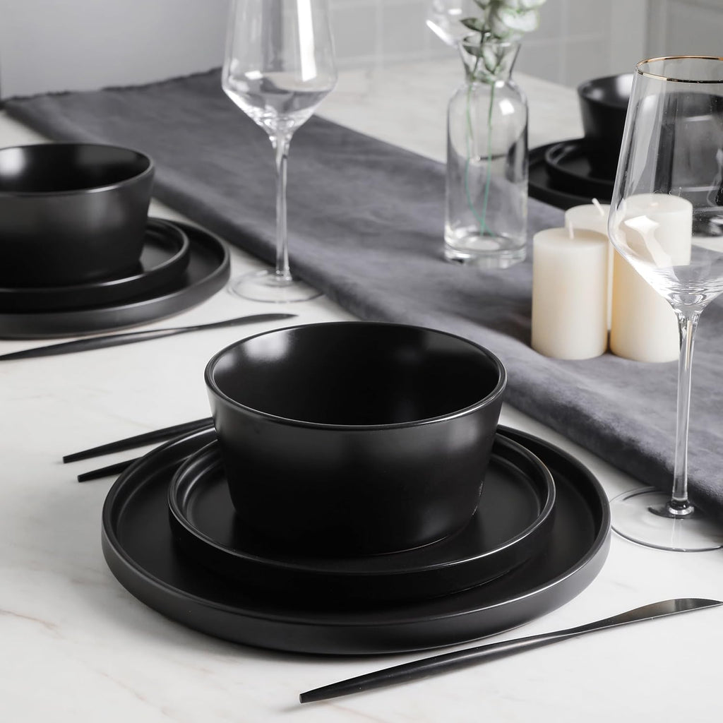 Celina Stoneware 32 Piece Modern Dinnerware Set, Plates and Bowls, Black Matte, Service for 8