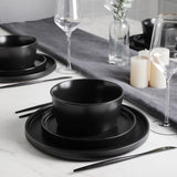 Celina Stoneware 16 Piece Modern Dinnerware Set, Plates and Bowls, Black Matte, Service for 4