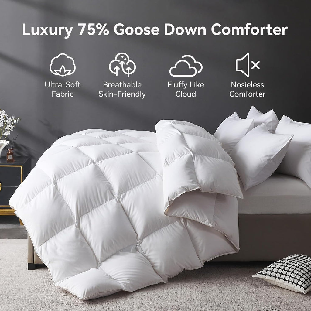 Organic 75% Goose Down Fiber Comforter Queen,850+FP,1200TC,Extra Fluffy,Hotel-Luxury Ultra Soft All 