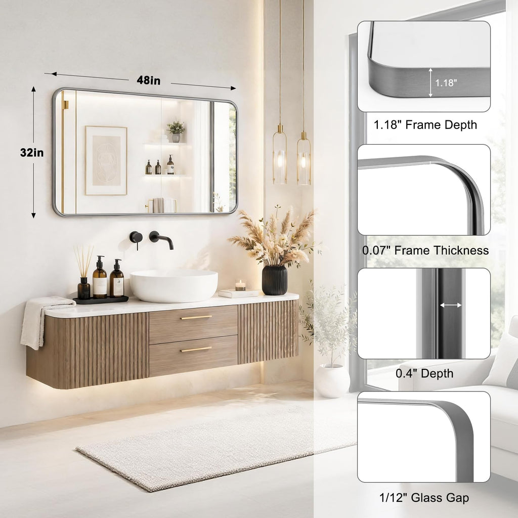 Bathroom Mirrors for Over Sink, 1Pcs 32x48Inch Vanity Mirrors for Wall, Silver Metal Frame Rectangle Mirrors Farmhouse