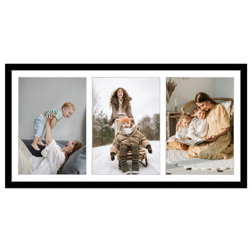 5x7 Three Opening Picture Frame with Mat or 8x16 Frame without Mat, Black 3 Pciture Frame Collage for 5 x 7 Photo