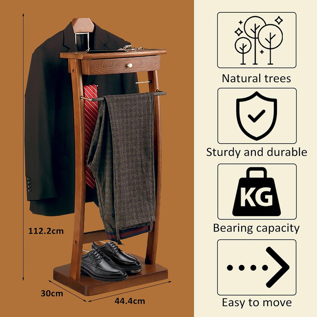 Wood Clothes Valet Stand with Tray, Floor Standing Suit Valet Stand with Drawers and Front Trouser Rack, Men's Valet