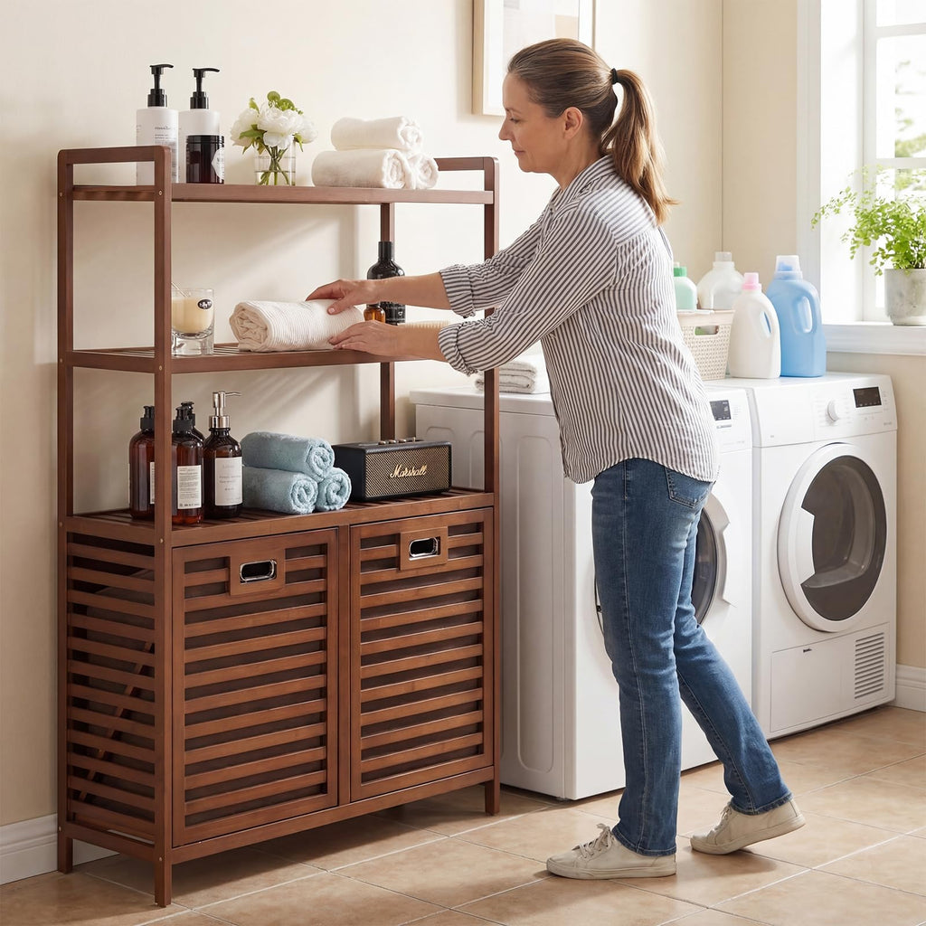 Tilt Out Laundry Hamper, Bamboo Double Laundry Hamper with Shelf