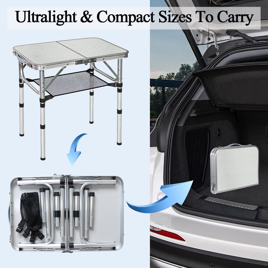 Small Folding Table with Storage Net, 24" x 16" Portable Foldable Camping Table with 3 Adjustable Height, White Metal