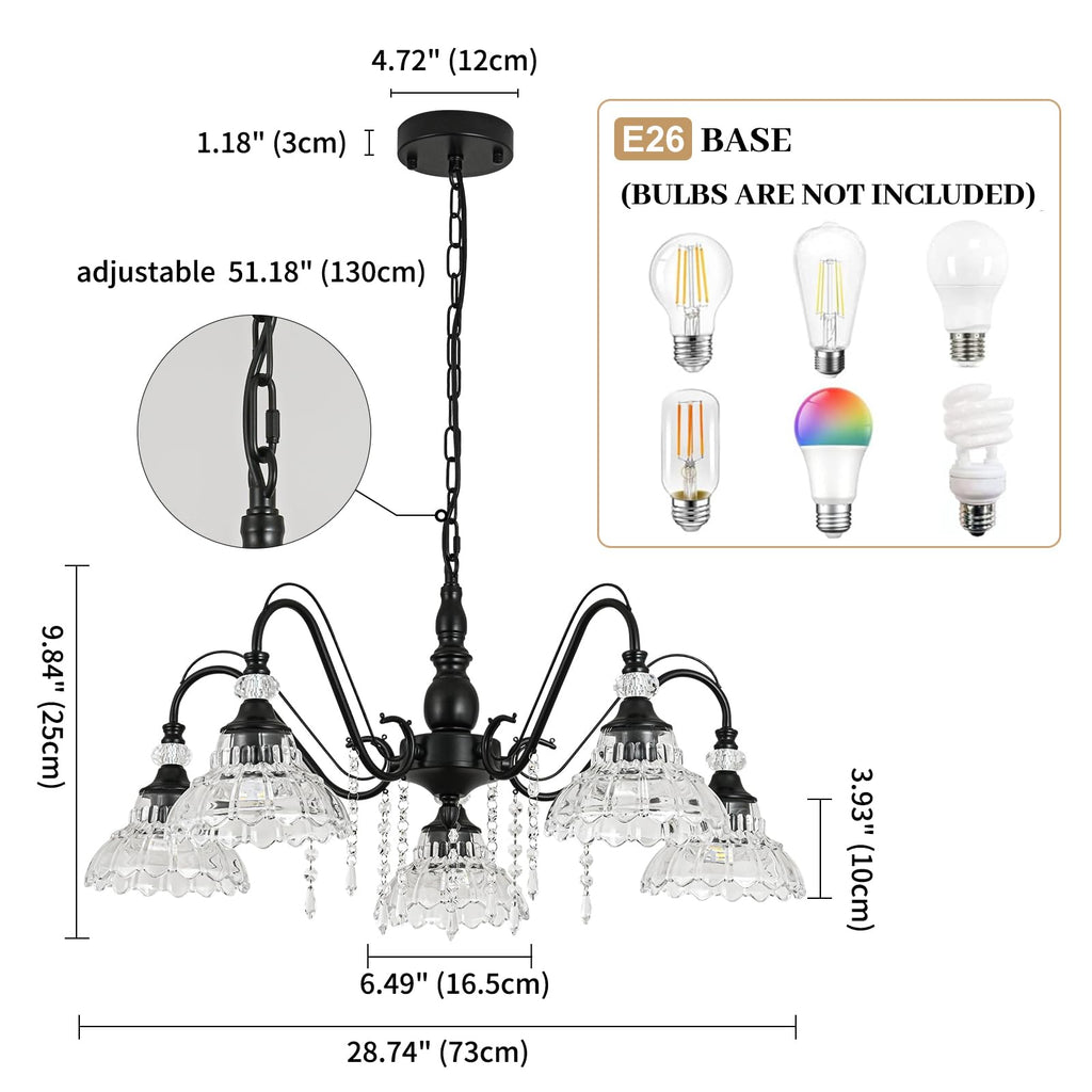 5-Light Chandelier in Matte Black Finish with Flower-Shaped Glass Shades and Hanging Crystal Accents, Farmhouse