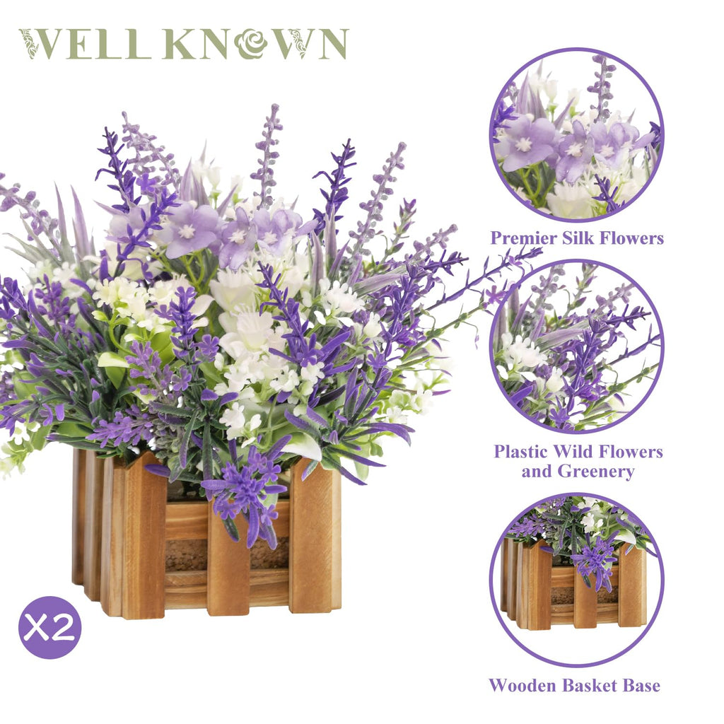 Artificial Lavender Plants in Wooden Baskets - Set of 2
