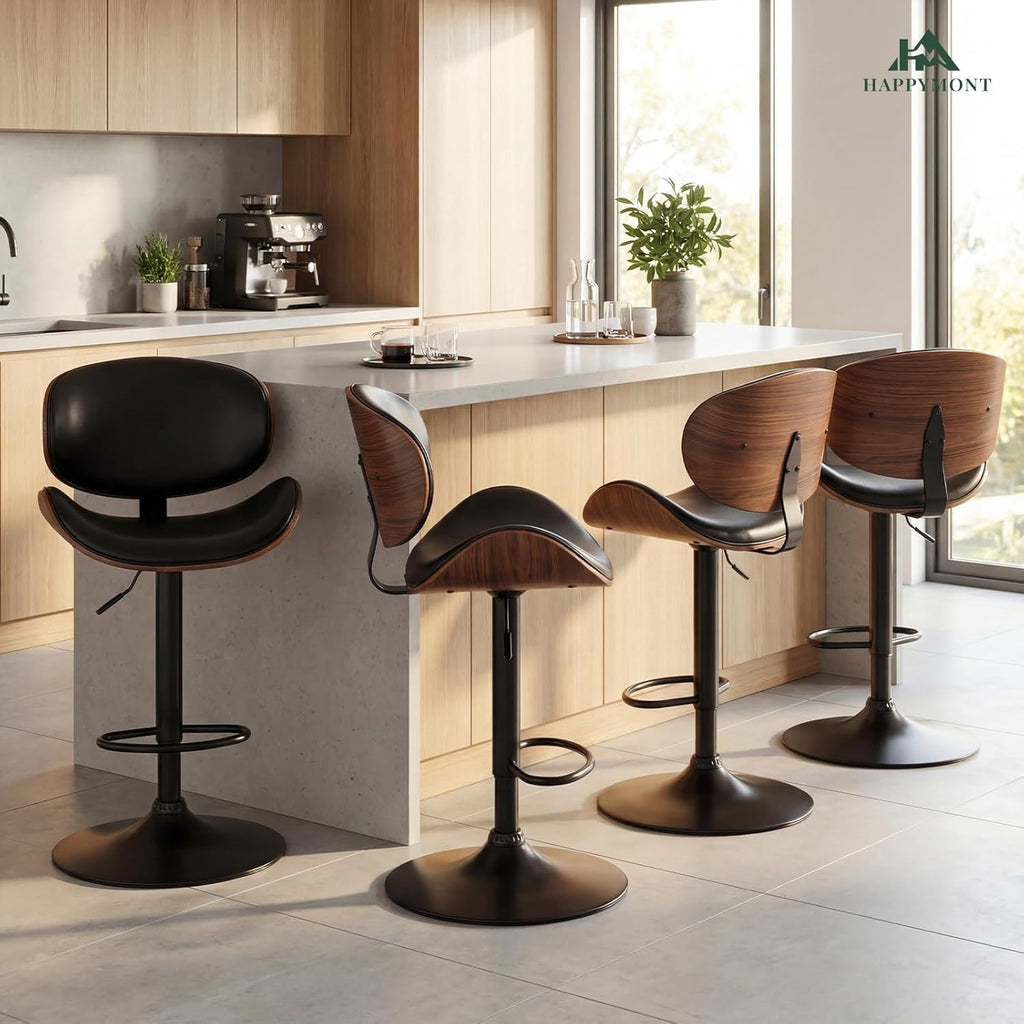 Swivel Bar Stools Set of 4 with Removable Back, Adjustable Height 37-45 Inch Bentwood Barstools, PU Leather