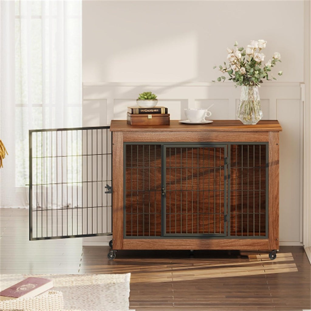 Dog Crate Furniture with Wheels 38.6in, Heavy Duty Indoor Kennel