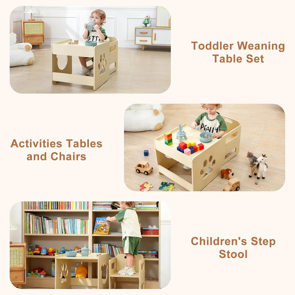 Weaning Table and Chair Set - Level Height Adjustable Wooden Toddler Furniture, Activity Table Set for Eating