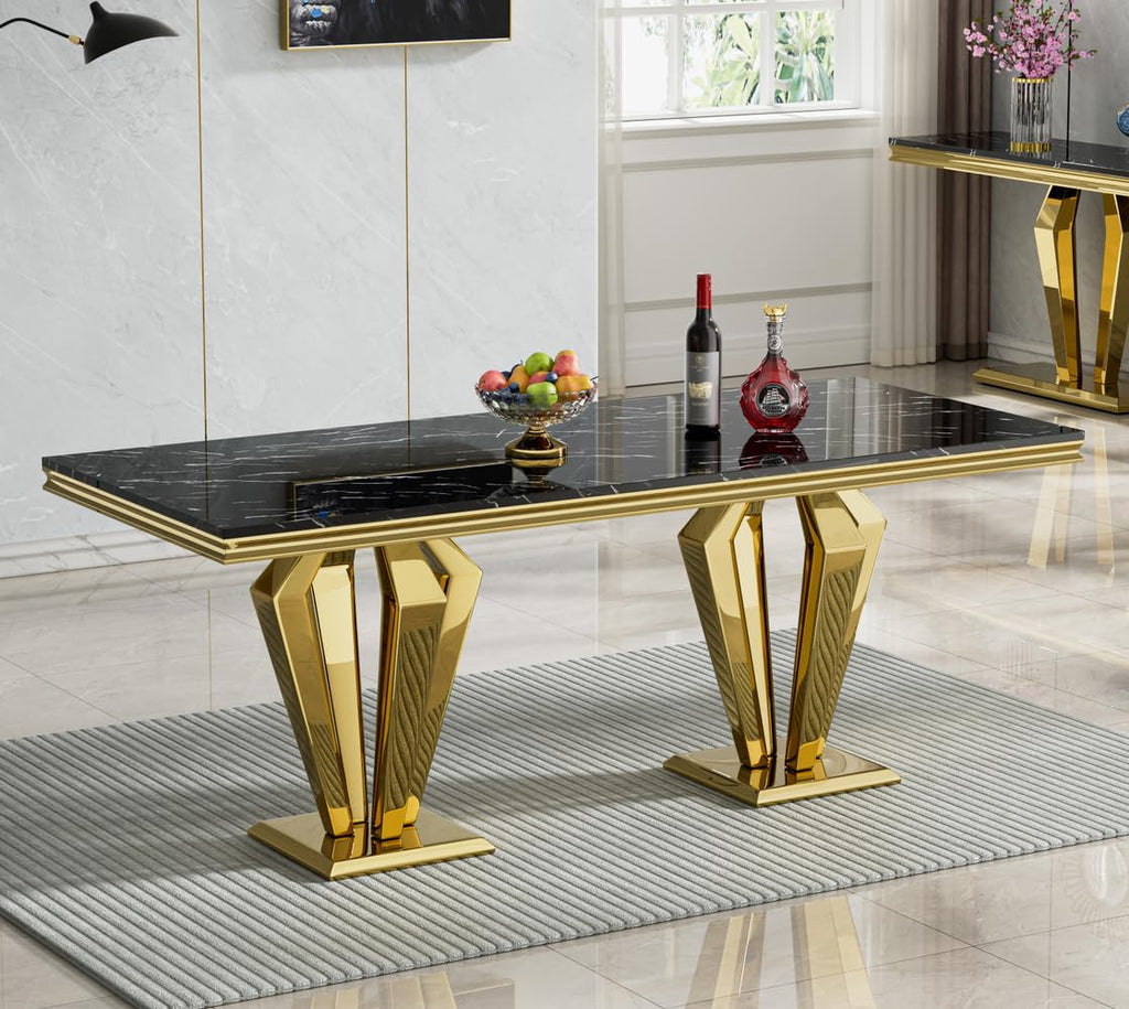 68" Black Marble Dining Table, Luxurious Marble Table Dining with 0.71" Thick Printed Marble Top and Gold