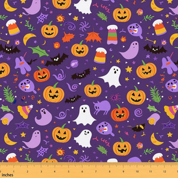 Halloween Fabric By The Yard, Ghost Pumpkin Upholstery Fabric, Scary Bat Stars Geometric Decorative Fabric, Botanical
