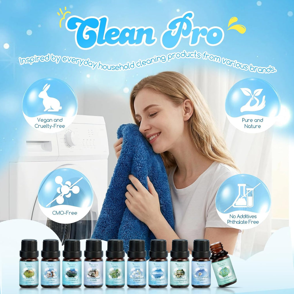 Clean Fragrance Oils Set for Diffuser, Essential Oils for Laundry - Set of 10