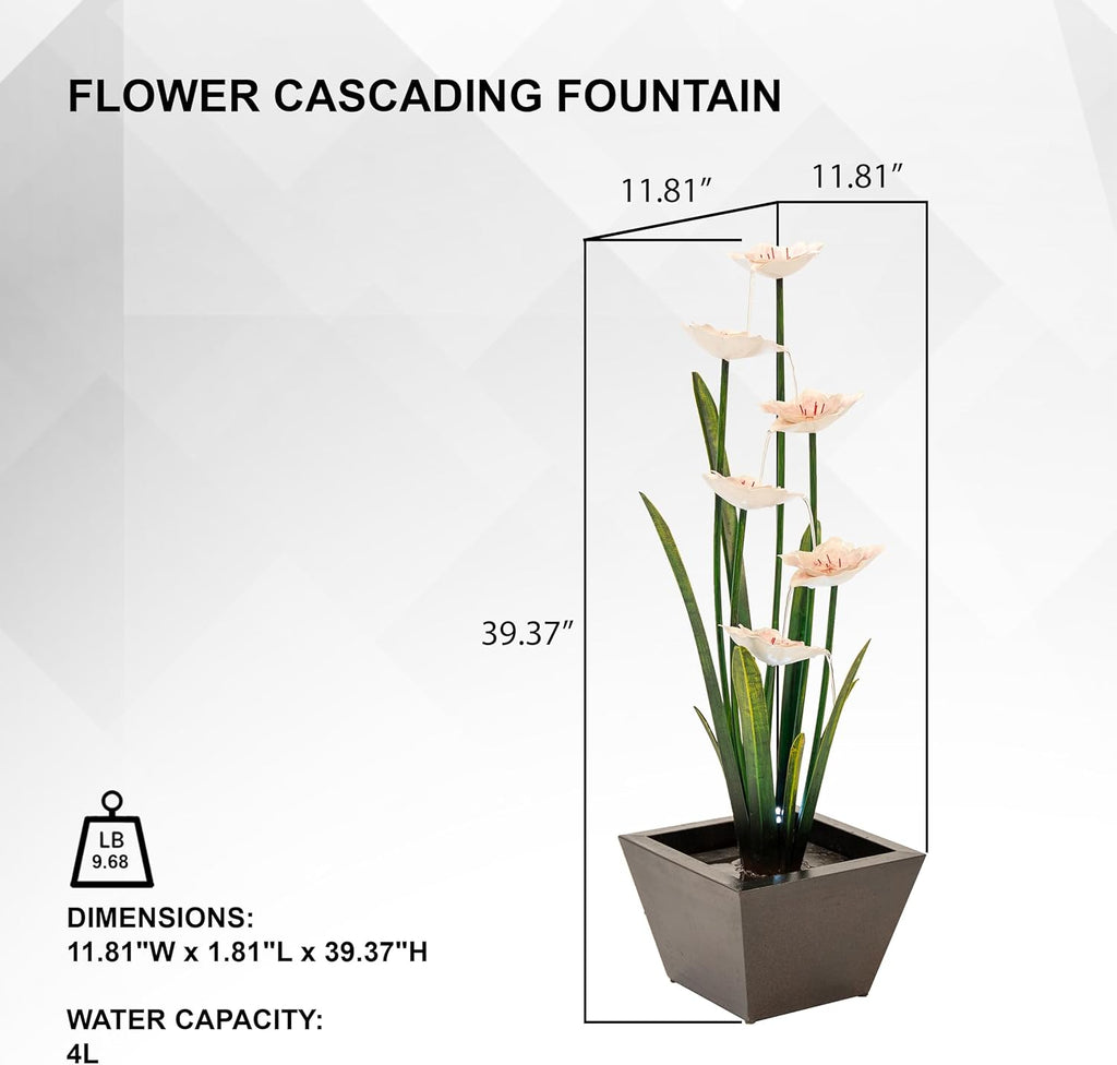 39-Inch Freestanding Sculptural Metal Multi-Tier Flower Water Fountain with LED Lights, Multicolored