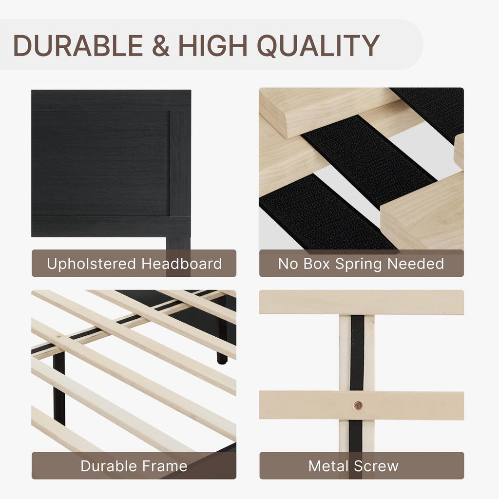 Wood Bed Frame with Headboard and Footboard, Black, King