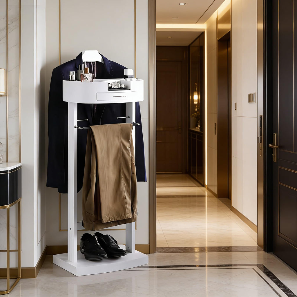 Wooden Suit Valet Stand with Drawer, Top Tray, Trouser Bar, Tie Hooks and Shoe Rack, Freestanding Clothing Organizer