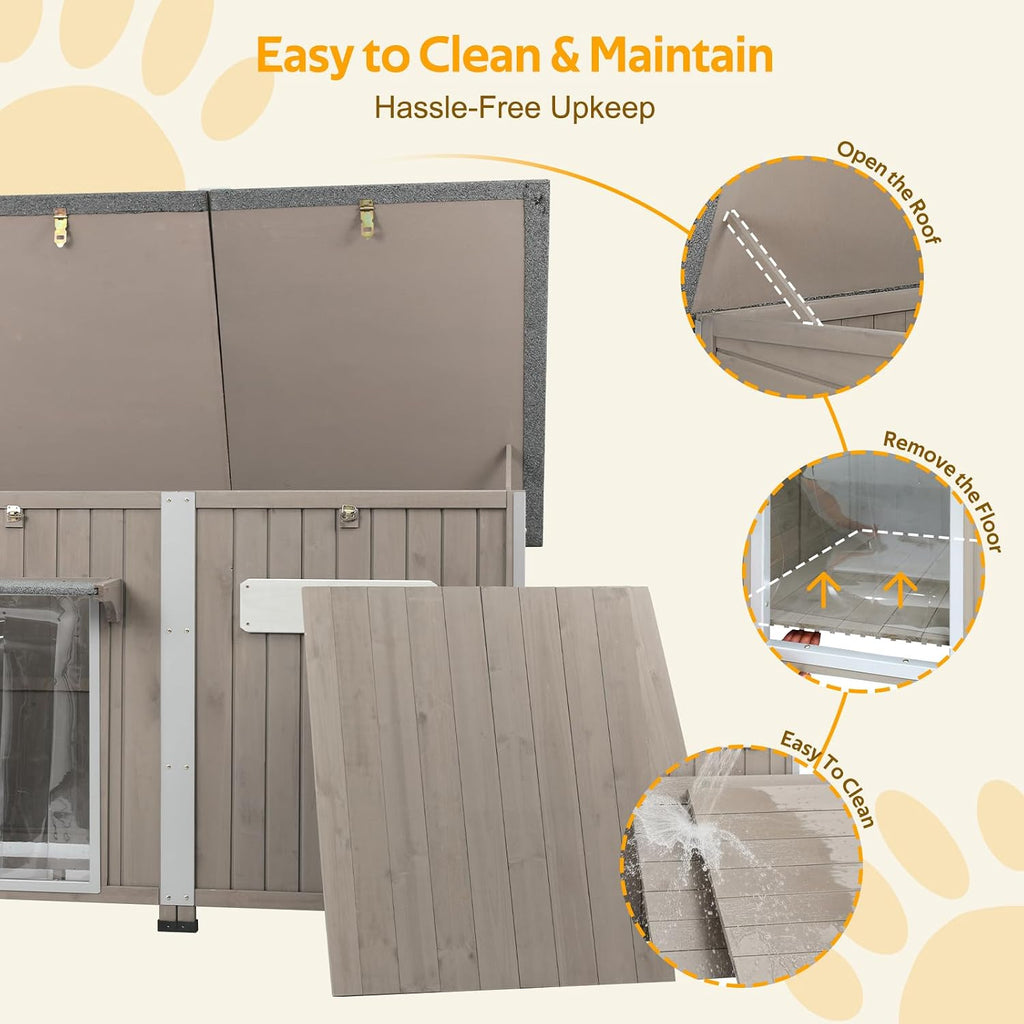 55"L Dog House Outdoor Large Breed Extra XL Wooden Dog House with Weatherproof Asphalt Roof, All-Around Iron Frame