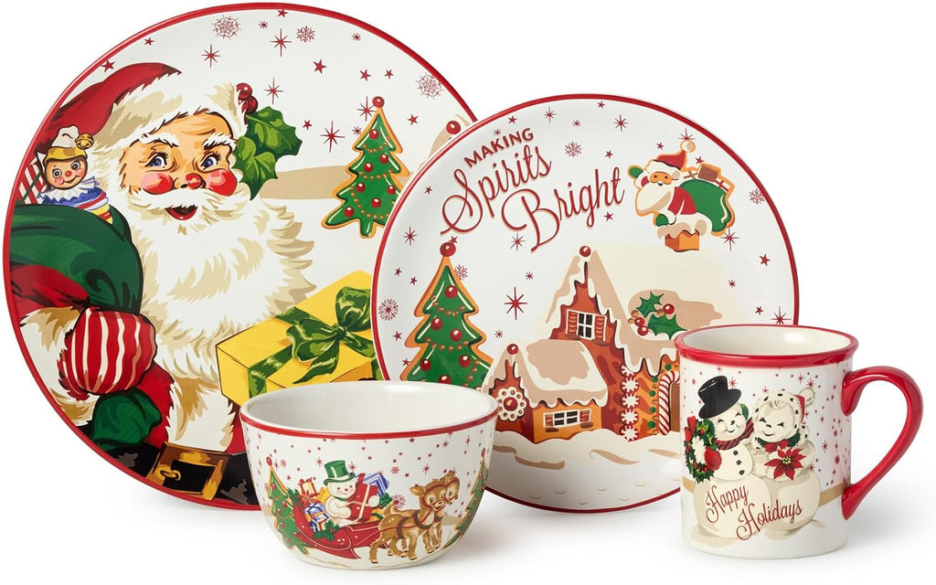 Santa's Retro Christmas 16 pc Dinnerware Set, Service for Holiday Plates, Bowls & Mugs with Vintage Santa